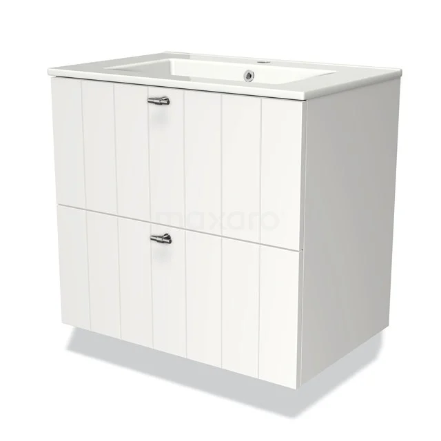 White bathroom cabinet with two drawers, angled panel design and integrated basin. Modern unit for stylish bathrooms.