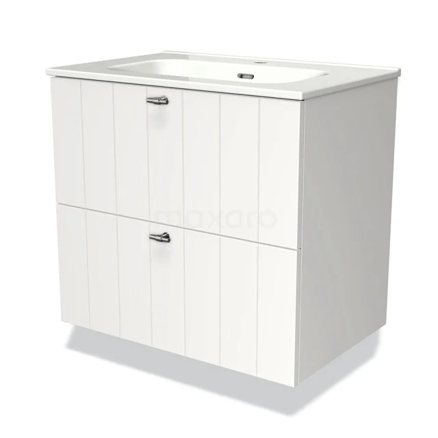 Modulo Bathroom furniture with sink | 70 cm Matte white Slat front Ceramic 2 Stacked drawers BMW17-01888 White Bathroom unit with wood grain pattern, 2 spacious drawers and Vanity units with basin; stylish and practical for any bathroom.