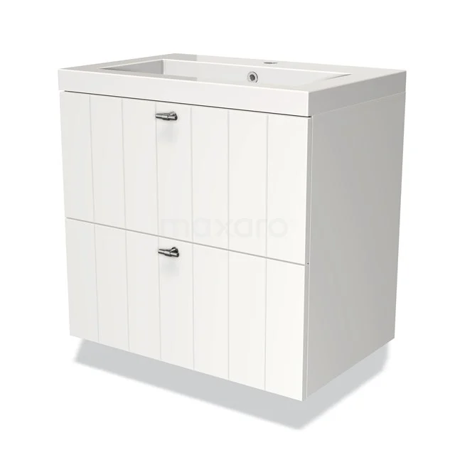 White bathroom unit with two drawers, vertical lines, soft-close system, ceramic basin; ideal for a modern bathroom.