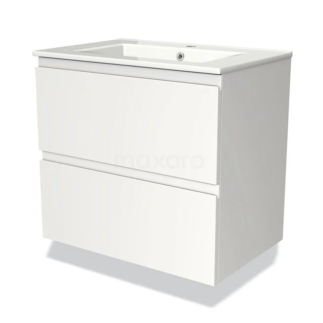 Weißes Badezimmermöbel mit zwei klar gestalteten Schubladen, matt finish, ideal für einen modernen Badezimmerstil.