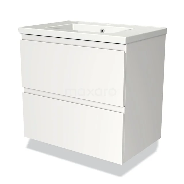 Weißes Badezimmermöbel mit zwei Softclose-Schubladen, elegantes Design, ausgeführt in hochglänzendem MDF, ideal für moderne Bäder.