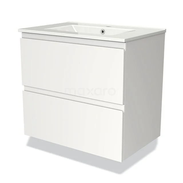 Weißes Badezimmermöbel mit zwei Schubladen, keramischem Waschbecken und modernem Design; ideal für stilvolle Badezimmerlagerung.