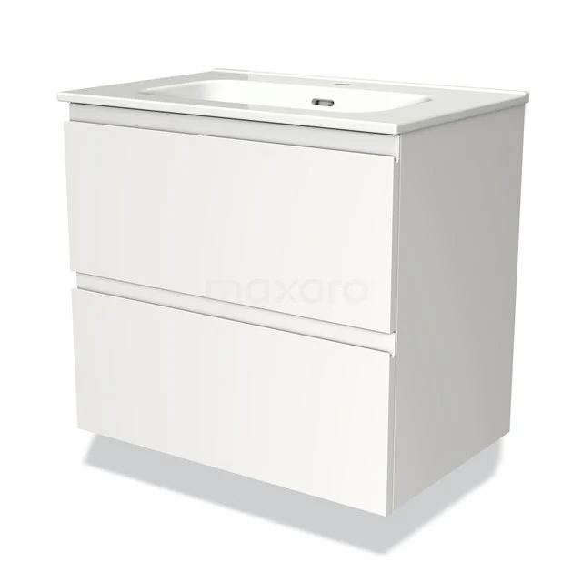 Witte badkamermeubelset met twee lades, strak design en ingebouwde wastafel van keramiek, ideaal voor moderne badkamers.