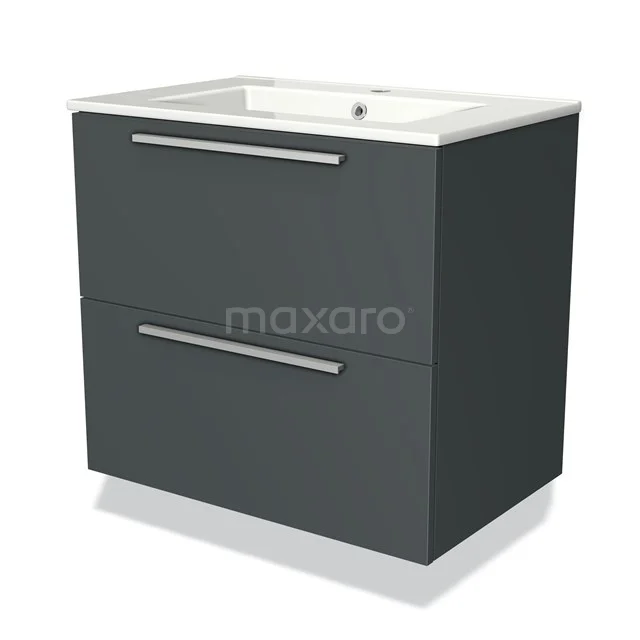Dark grey Bathroom unit with two drawers, chrome handles and white vanity units with basin made of ceramic, modern and stylish design.