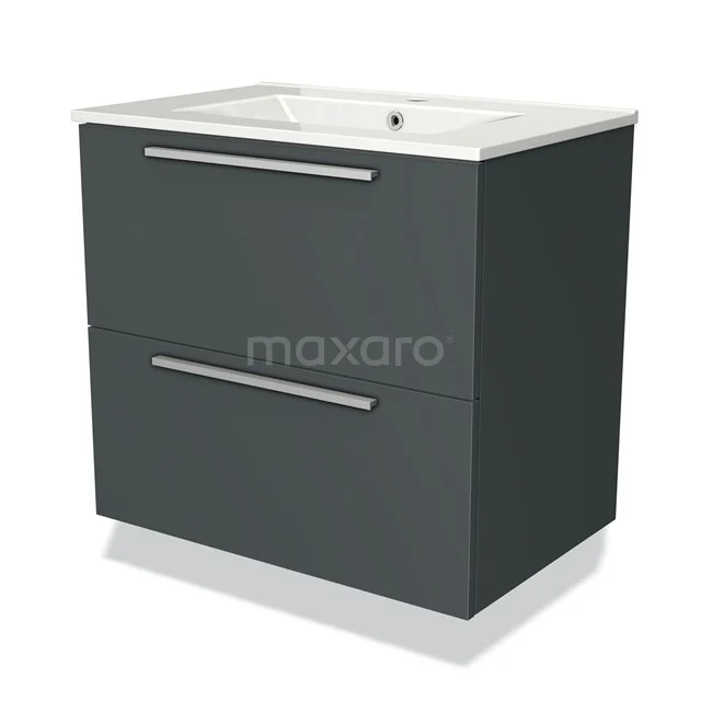 Dark grey bathroom unit with two drawers, chrome handles and integrated vanity units with basin, modern design.
