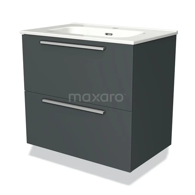 Dark grey base cabinet with two drawers, sleek design, fitted with metal handles and ceramic basin.