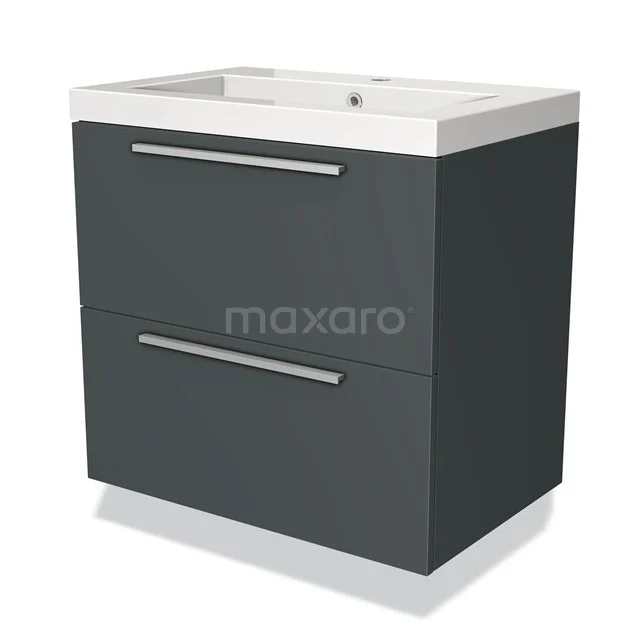 Dark grey bathroom furniture set with white basin, two drawers and sleek handles, modern design.