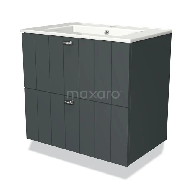 Dark grey bathroom unit with double drawers and ceramic vanity units with basin, ideal for modern bathroom layouts.