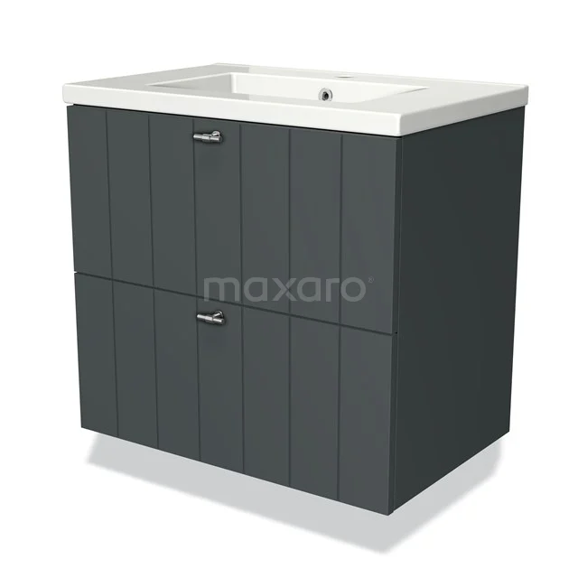 Grey bathroom furniture set with basin, panel design and metal handles, ideal for modern bathroom storage.