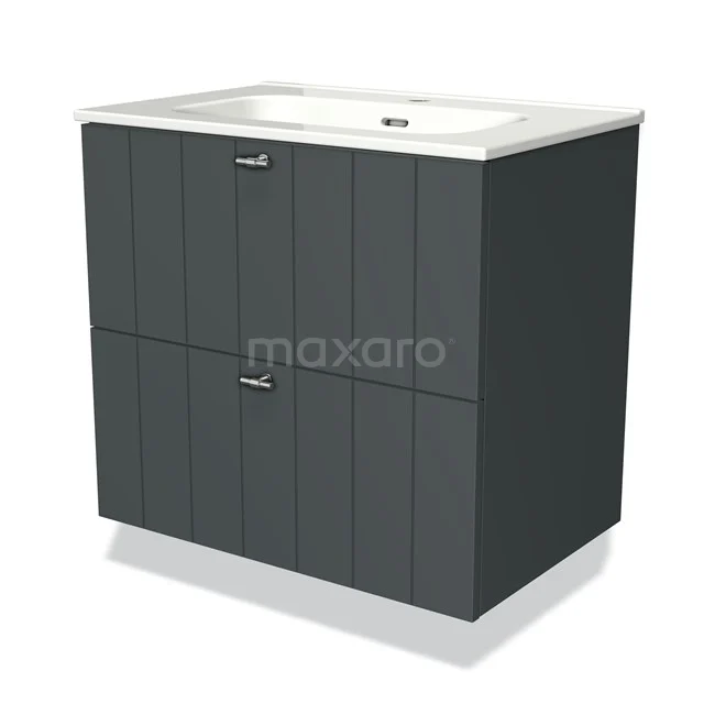 Dark grey wooden bathroom unit with two drawers and a white ceramic vanity units with basin, perfect for a modern bathroom style.