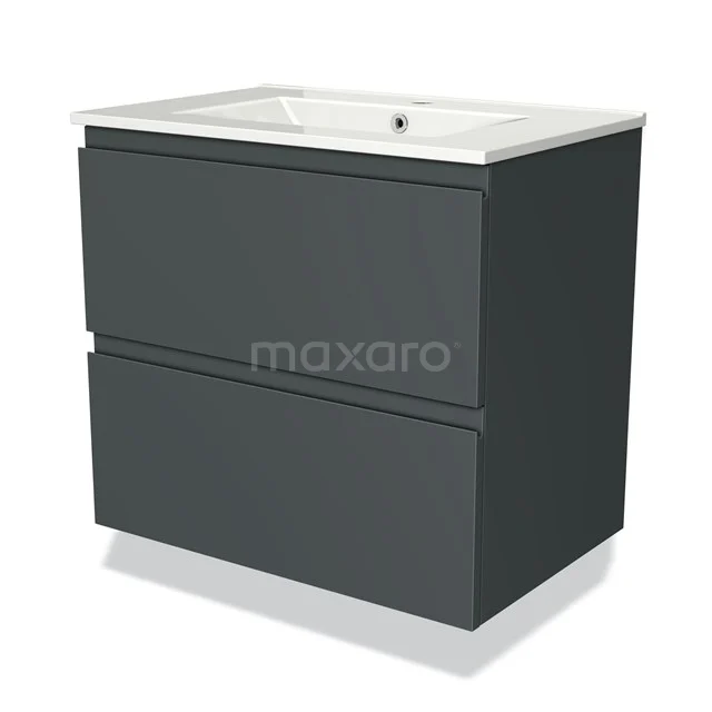 Grey bathroom cabinet with matte finish, two drawers and integrated basin, perfect for a modern bathroom style.