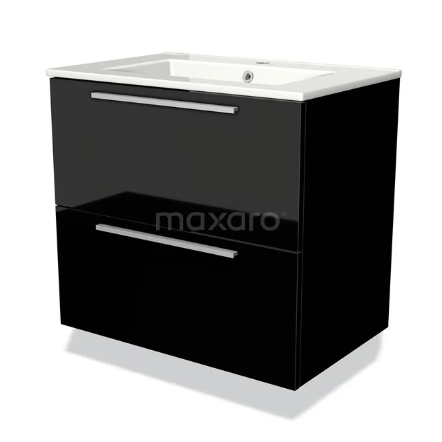 Black glossy bathroom furniture set with double drawers and white basin, modern design, ideal for stylish bathrooms.