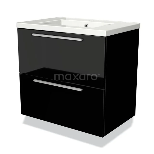 Schwarz glänzendes Waschtisch mit zwei Schubladen, chromatischen Griffen und einem weißen keramischen Waschbecken, ideal für ein modernes Badezimmer.