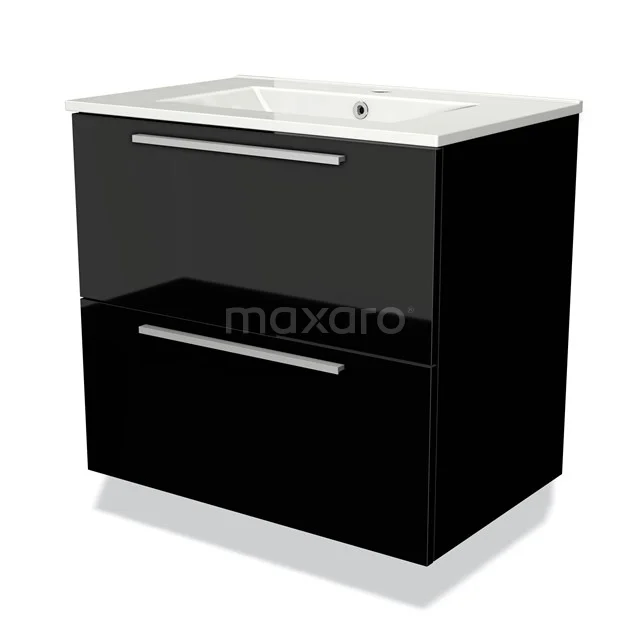 Black glossy bathroom unit with two drawers, white ceramic sink top and sleek silver handles.