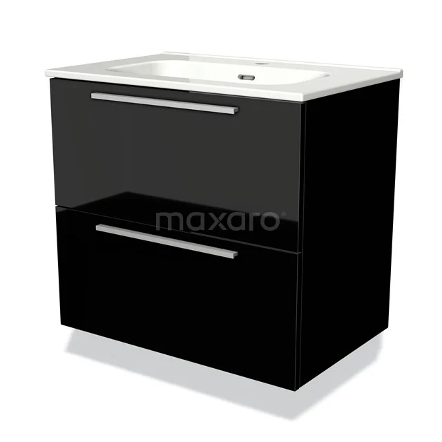 Black glossy bathroom unit with two drawers, built-in white vanity units with basin and sleek design for modern bathrooms.