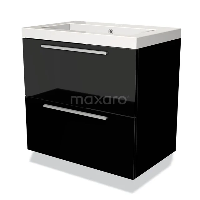 Schwarz glänzendes Badmöbel mit zwei Schubladen, metallischen Haltegriffen und weißem Waschbecken, schlichtes Design für moderne Bäder.