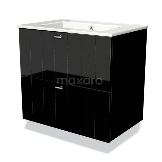 Black glossy bathroom unit with two drawers, white basin worktop and sleek design handles, ideal for a modern bathroom.