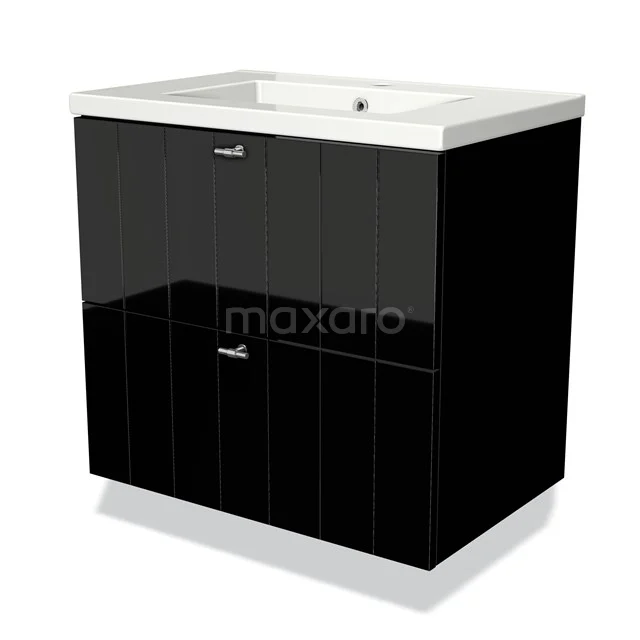 Modulo Waschtische | 70 cm Hochglanz Schwarz Lamelle front Keramik 2 übereinanderliegende Schubladen BMW17-01922 Schwarzer Badschrank mit Hochglanzoberfläche, zwei Schubladen und keramischem Waschbecken, modernes Design für stilvolle Bäder.