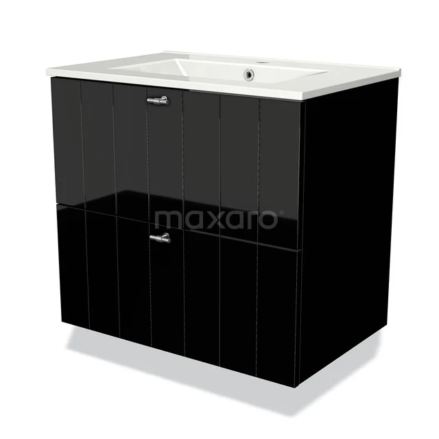 Black high-gloss black vanity unit with two drawers, white ceramic basin and chrome handles, luxurious design for the bathroom.