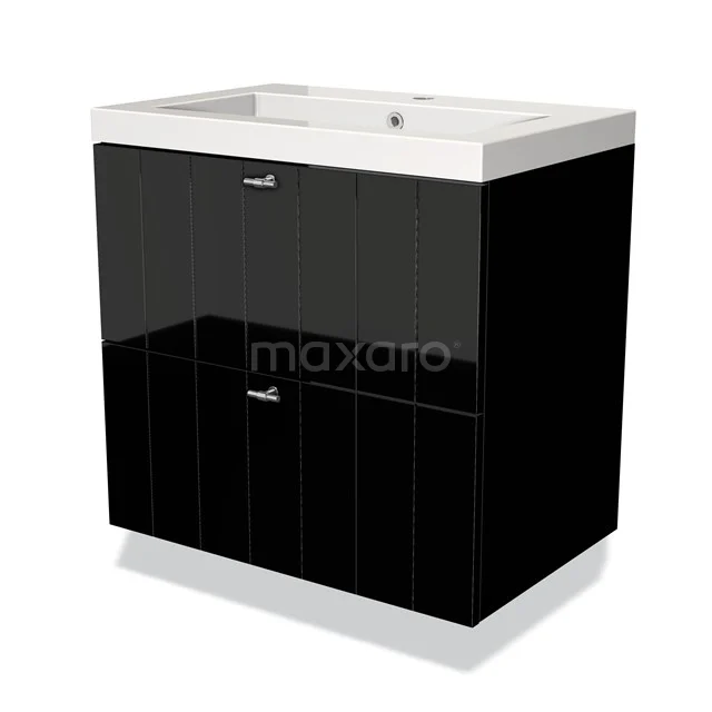 Schwarz glänzendes Badmöbel mit zwei Schubladen, integrierte weiße Waschbecken, modernes Design aus hochwertigem Material.