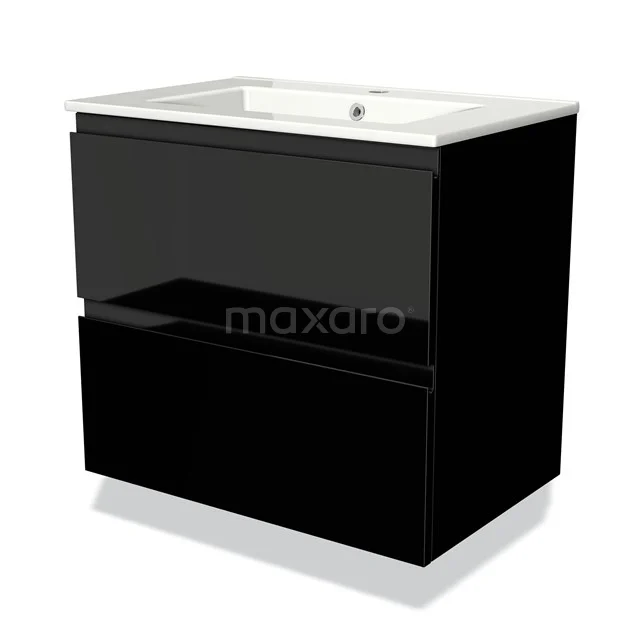 Schwarze Badmöbelset mit glänzender Oberfläche, weißem keramischen Waschbecken und zwei Schubladen, modernes Design.