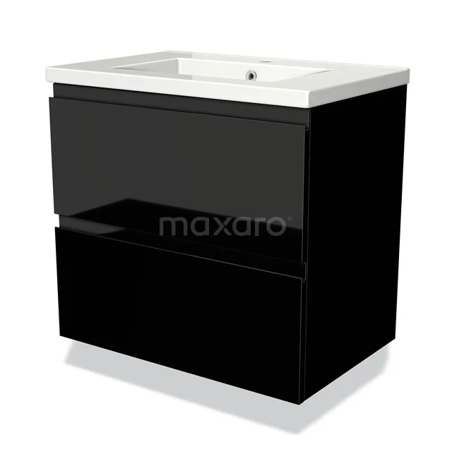 Black glossy bathroom unit with white ceramic vanity units with basin, modern design and two spacious drawers for storage space.