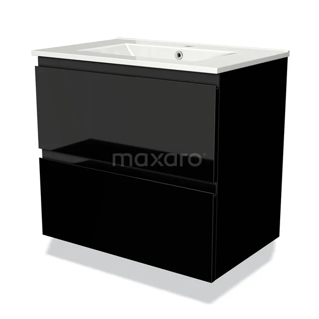 Black bathroom cabinet with two drawers, high-gloss finish and white basin, ideal for a modern bathroom setup.
