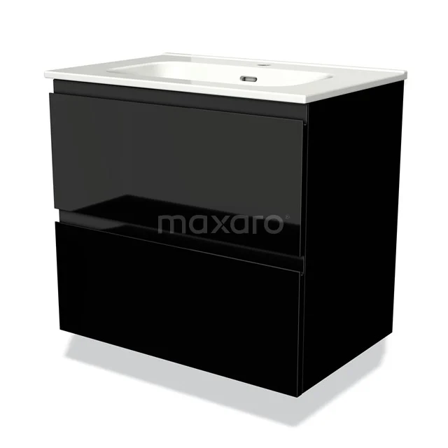 Modulo Vanity units with basin | 70 cm High-gloss black Handle-less front Ceramic 2 Stacked drawers BMW17-01930 Black high-gloss bathroom unit with ceramic vanity units with basin and two drawers, modern design for stylish bathrooms.