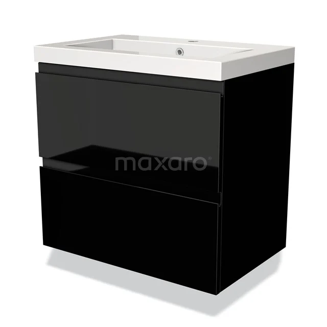 Modulo Vanity units with basin | 70 cm High-gloss black Handle-less front Mineral marble 2 Stacked drawers BMW17-01931 Black bathroom furniture set with glossy finish, including modern basin and two soft-close drawers for extra storage space.