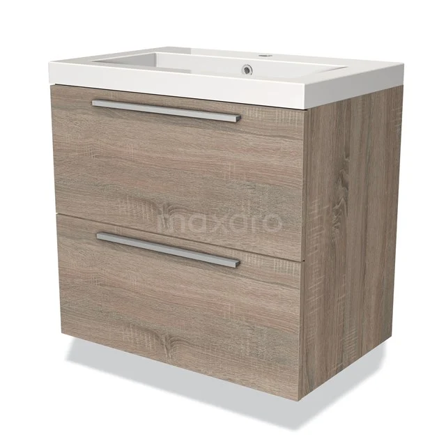 Wooden bathroom cabinet with two drawers, light wood colour, integrated ceramic basin and modern silver handles.