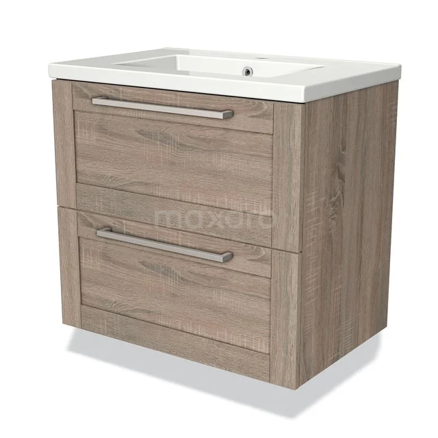 Wooden bathroom unit with two drawers, modern design, light oak colour, including white vanity units with basin made of ceramic.