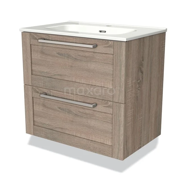 Wooden bathroom unit with two drawers, modern vanity units with basin and silver handles, natural Oak look.