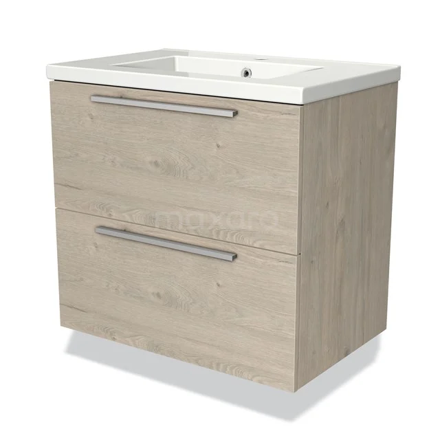 Modulo Vanity units with basin | 70 cm Light grey oak Flat front Ceramic 2 Stacked drawers BMW17-01946 Wooden bathroom unit with light oak finish, two drawers and white ceramic basin from the modern Oslo series.