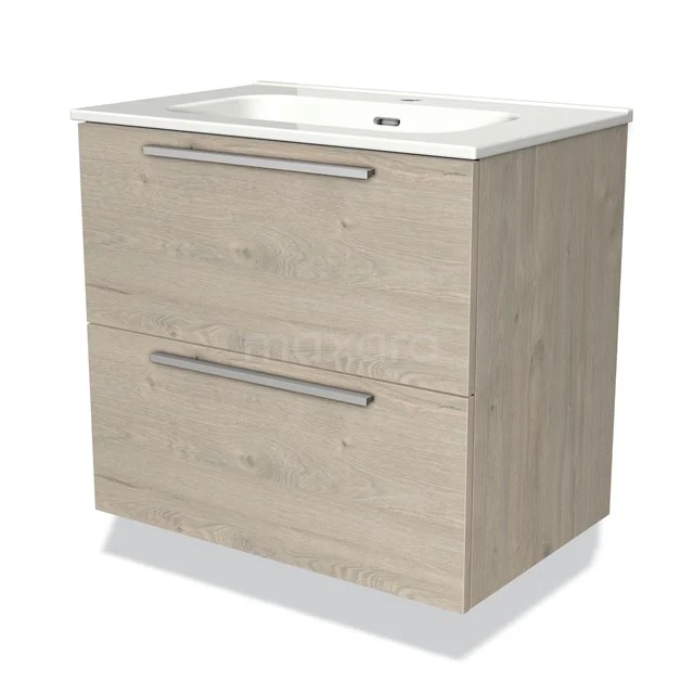 Houten badkamermeubel met twee lades, licht eiken kleur, metalen handgrepen en geïntegreerde wastafel, modern en strak design.
