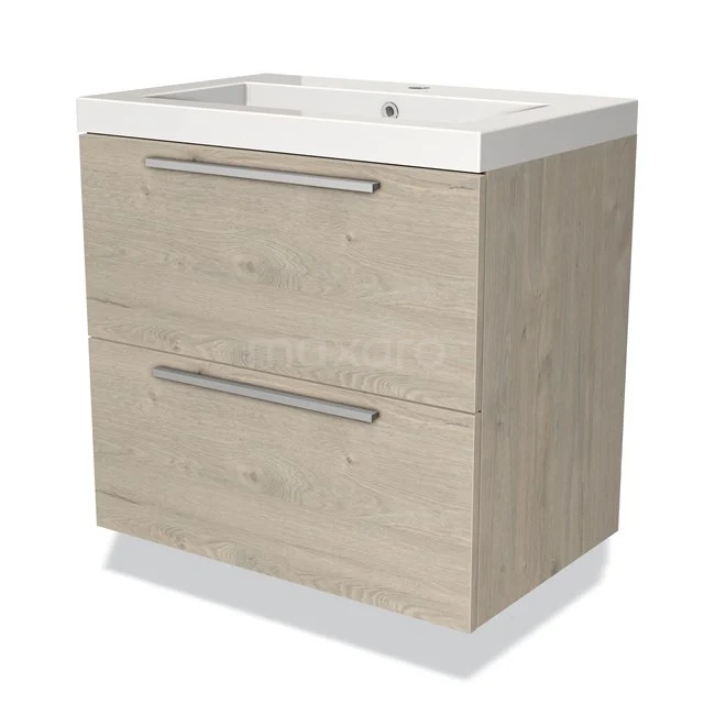 Holz Badezimmermöbel mit zwei Schubladen, heller Eiche-Finish und weißem keramischen Waschbecken, modernes Design.