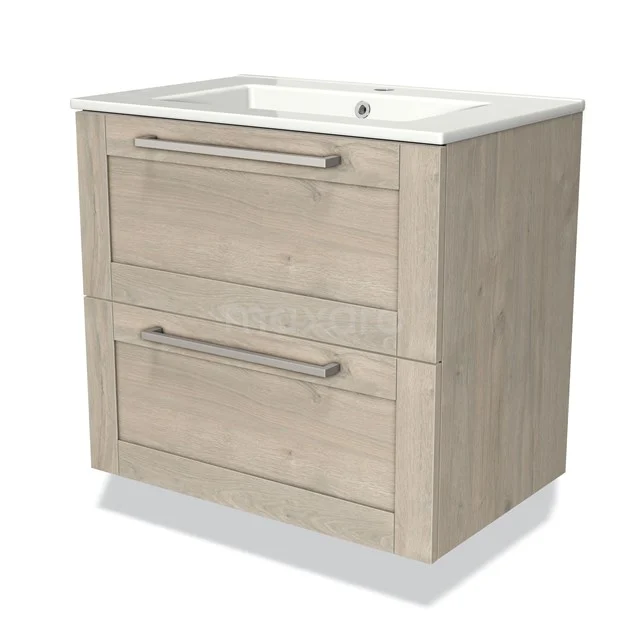 Houten badkamermeubel met witte wastafel, 2 lades en metalen handgrepen, ideaal voor een moderne badkamer inrichting.