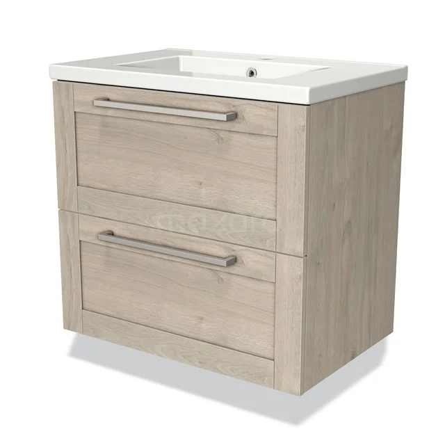 Modulo Bathroom furniture with sink | 70 cm Light grey oak Frame front Ceramic 2 Stacked drawers BMW17-01952 Wooden Bathroom unit with two drawers, light oak finish and white ceramic basin, ideal for modern bathrooms.