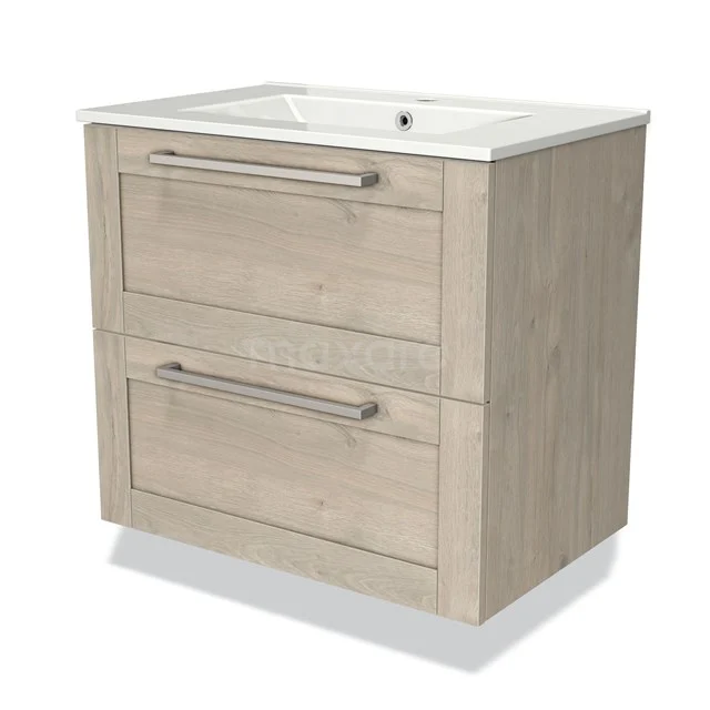 Houten badkamermeubel met twee lades, licht eiken kleur, ingebouwde witte wastafel en metalen handgrepen.