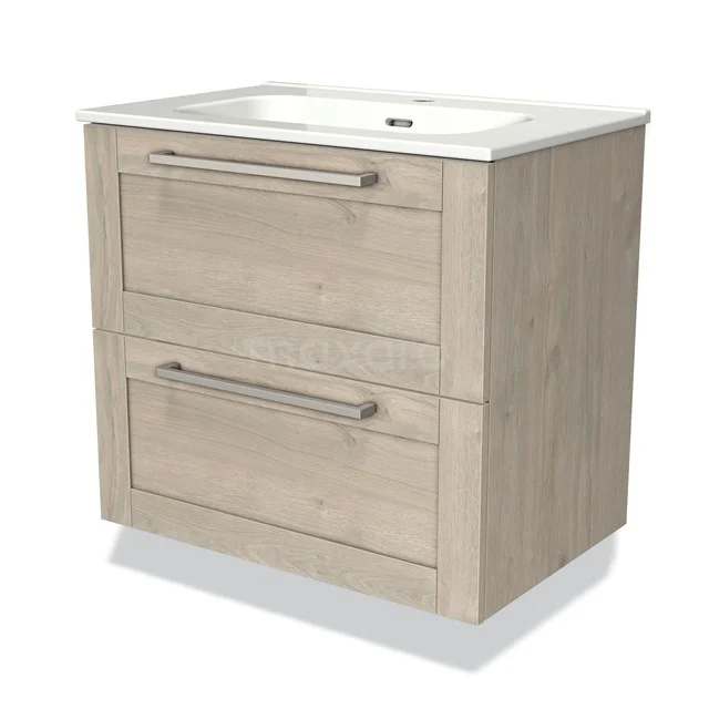 Houten badkamermeubel met twee lades, licht eiken afwerking en geïntegreerde wastafel, ideaal voor moderne badkamers.