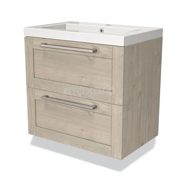 Wooden bathroom unit with two drawers and white basin, modern design, ideal for stylish bathroom storage.