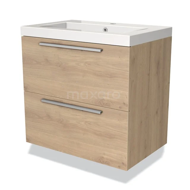 Houten badkamermeubel met twee lades, lichte eikenlook en geïntegreerde keramische wastafel; modern en functioneel design.