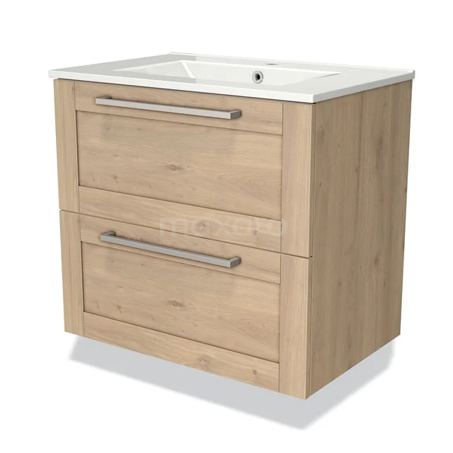 Houten badkamermeubel met wastafel, twee brede lades en metalen handgrepen, ideaal voor stijlvolle en praktische badkameropslag.