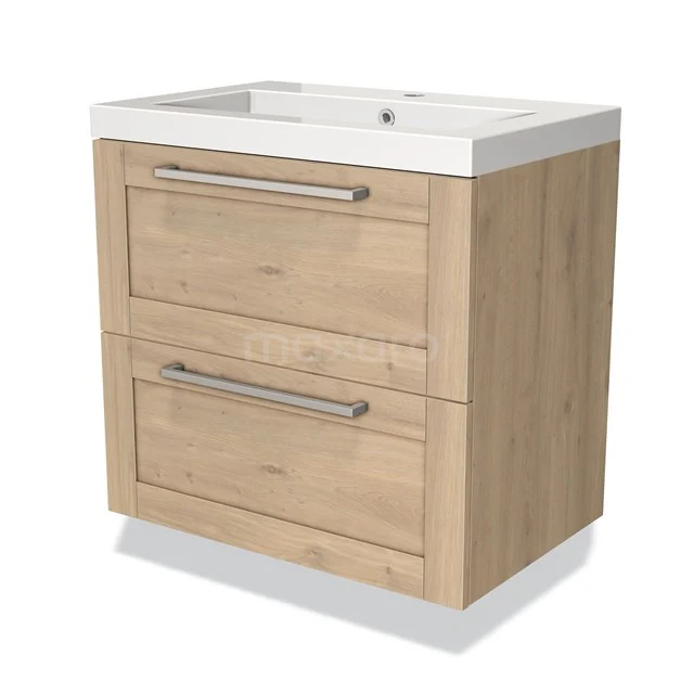 Houten badkamermeubel met twee lades, licht eiken uitstraling en keramische wastafel, ideaal voor een moderne badkamerstijl.