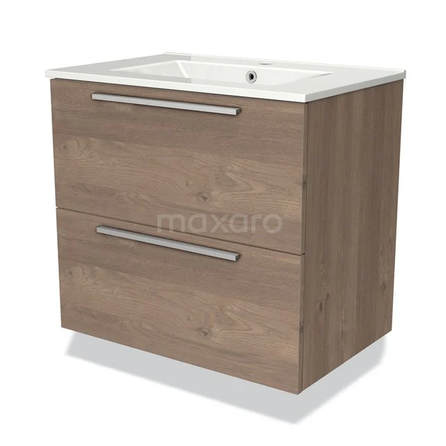 Badkamermeubel met twee lades, houtlook, witte keramische wastafel, modern design. Perfect voor stijlvolle badkamerinrichting.
