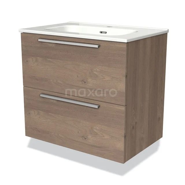 Houten badkamermeubel met twee lades, geïntegreerde witte wastafel, eigentijdse uitstraling, ideaal voor badkameropslag.