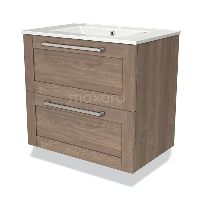 Houten badkamermeubel met twee lades, modern design, voorzien van witte keramische wastafel, ideaal voor een stijlvolle badkamer.