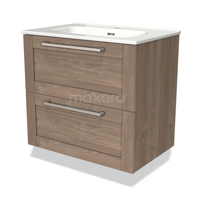 Wooden Bathroom unit with two drawers, oak look, white vanity units with basin and silver handles, ideal for modern bathrooms.