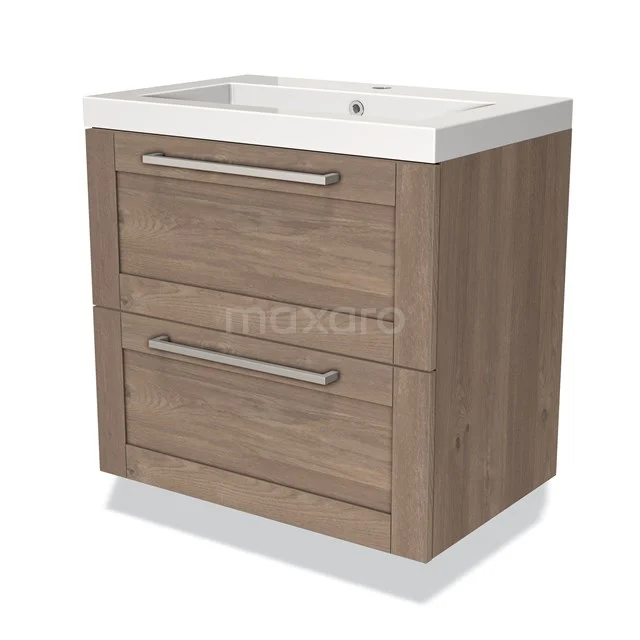 Houten badmeubel met twee lades, moderne afwerking en keramische wastafel, ideaal voor een stijlvolle badkamer.
