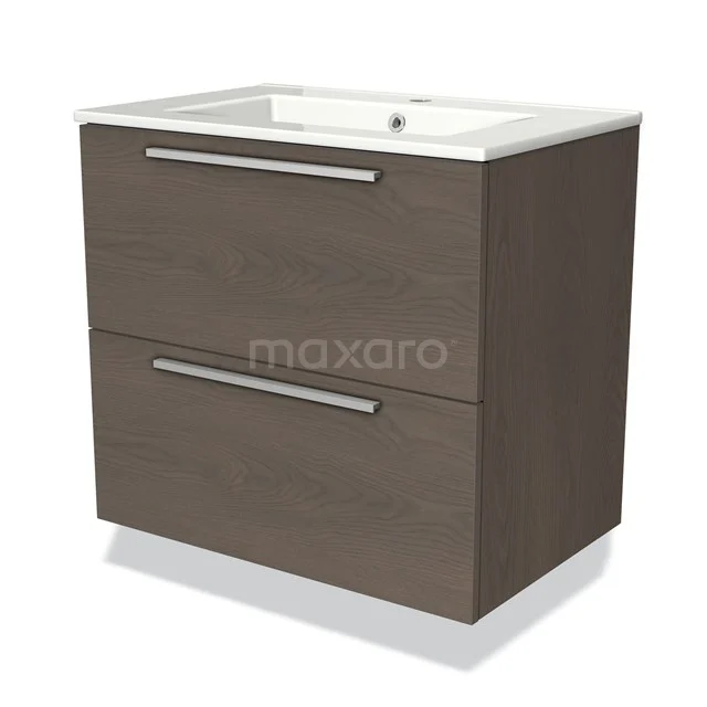Houten badkamermeubel met twee lades, donkerbruin, ingebouwde wastafel, modern design, ideaal voor stijlvolle badkameropslag.