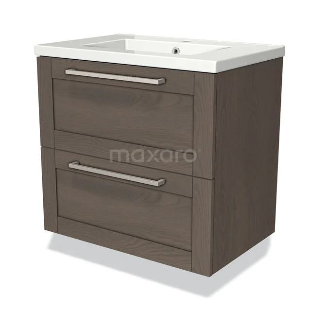 Wooden bathroom unit with white ceramic basin, two drawers and chrome handles, ideal for a modern bathroom.